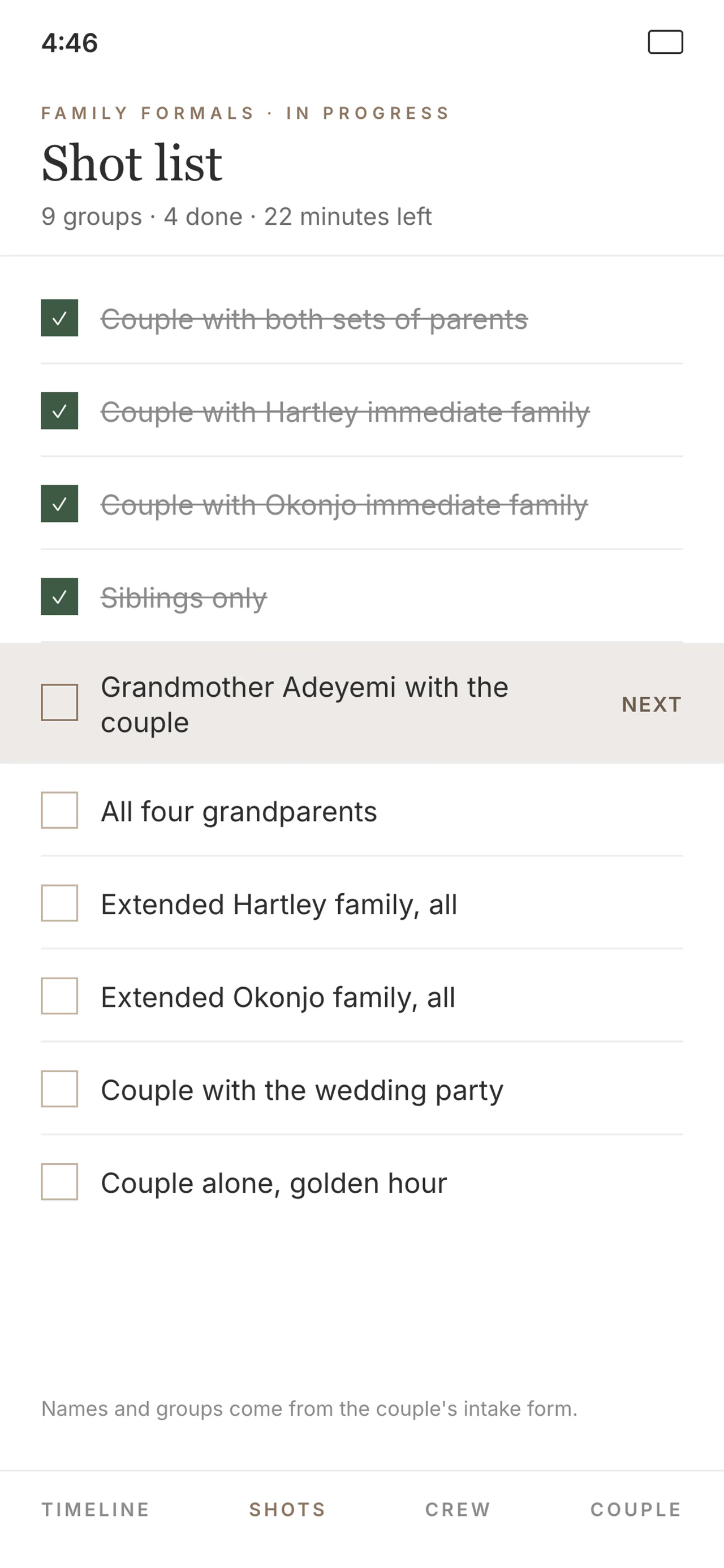 Phone screenshot of the family formals shot list, with four groups checked and the next group highlighted.