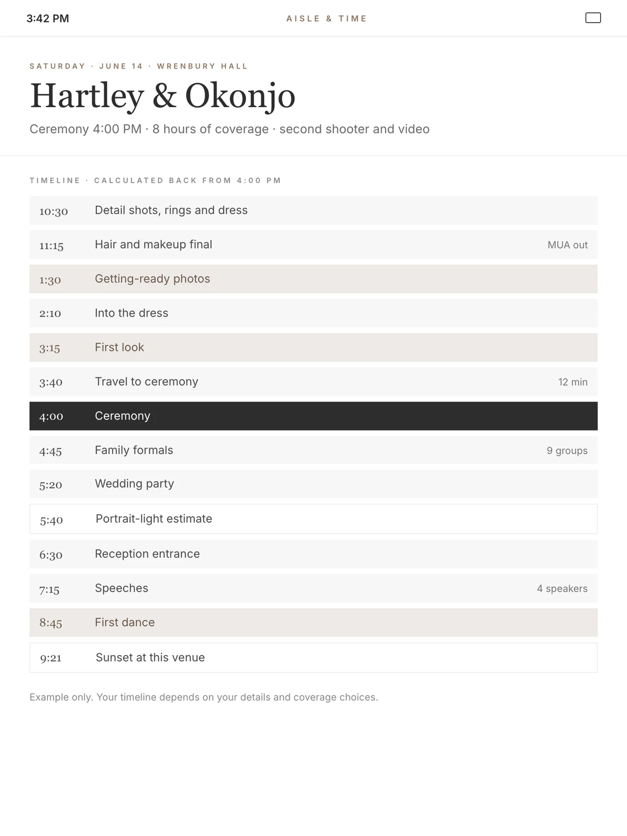 Tablet screenshot of the full Hartley and Okonjo coverage timeline, calculated back from a 4:00 PM ceremony.