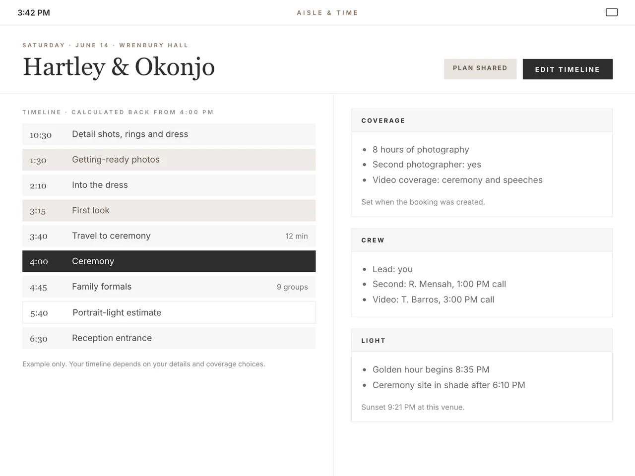 Tablet screenshot of a coverage timeline beside coverage, crew, and light details.