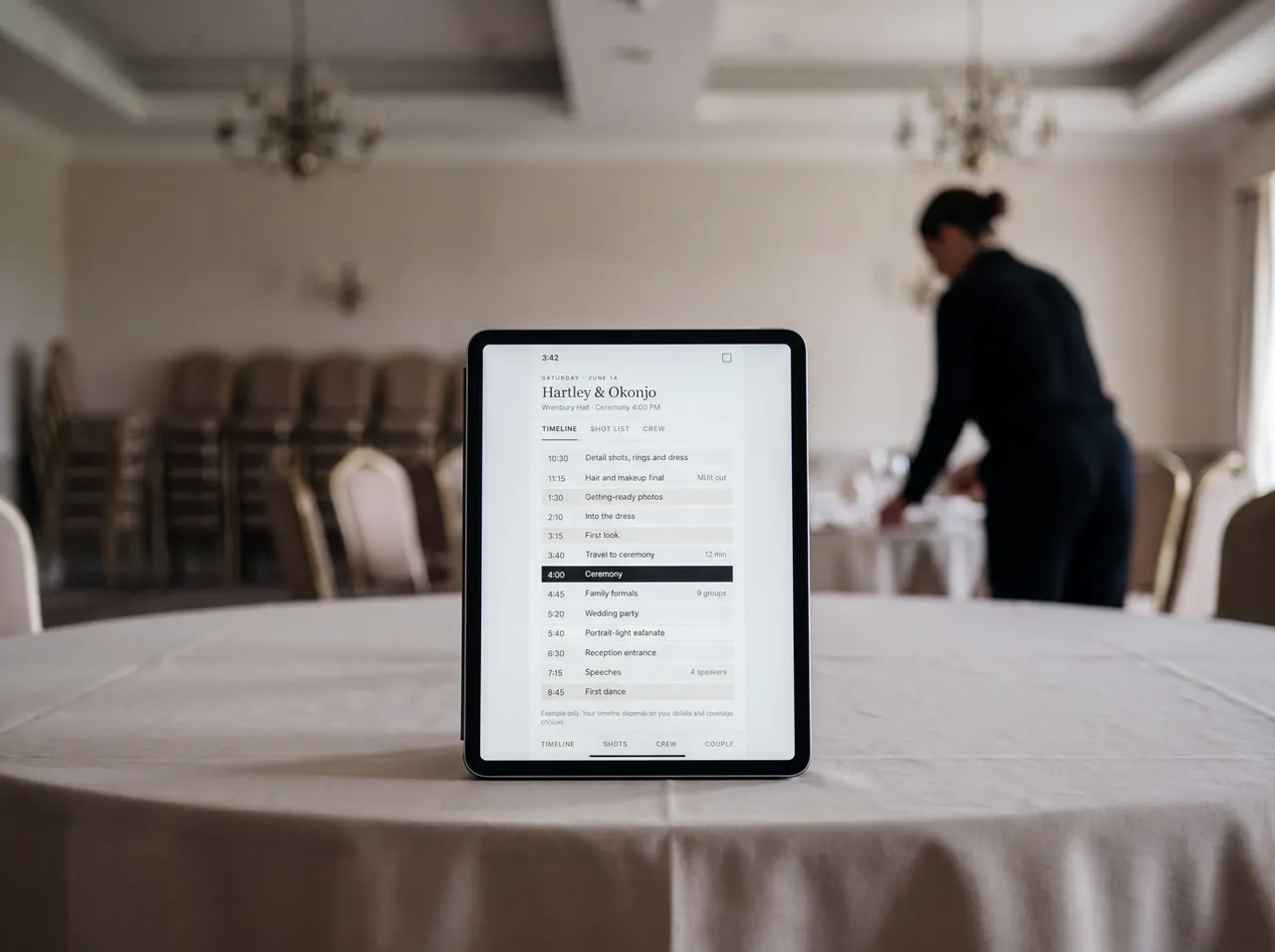 A tablet standing on a reception table, showing the coverage timeline.